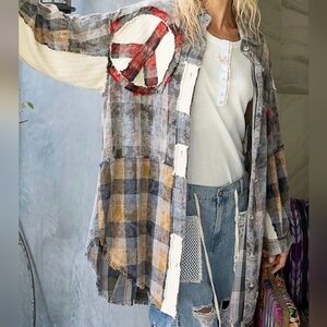 POL Peace Sign Patched Button Down Oversized Long Shirt. Sz M. NWOT